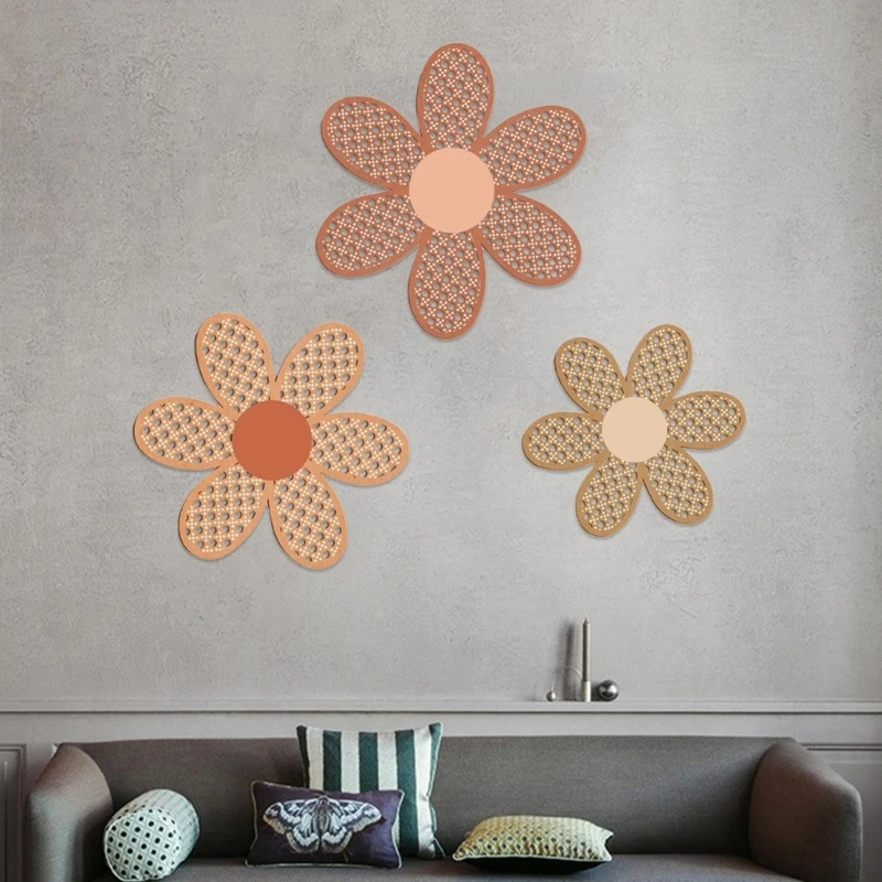 Flower Wall Sign Set of 3 Bohemian Rattan Flower Hanging Plaques for Nursery Living Room Wall Decoration Ornament 2