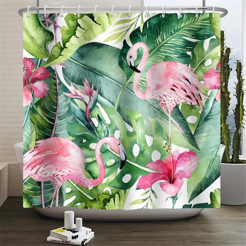 

Tropical Flamingo Shower Curtain Green Palm Leaves Flower Botanical Painting Bathroom Decor Curtain Waterproof Fabric With Hooks