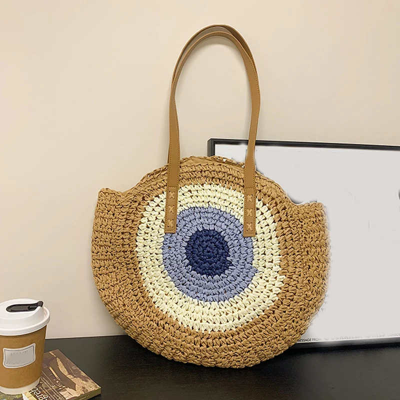 Straw Bag Women Hand-Woven Handbag Round Shape Rattan Bag Big Capacity Casual Beach Shoulder Crossbody Bag
