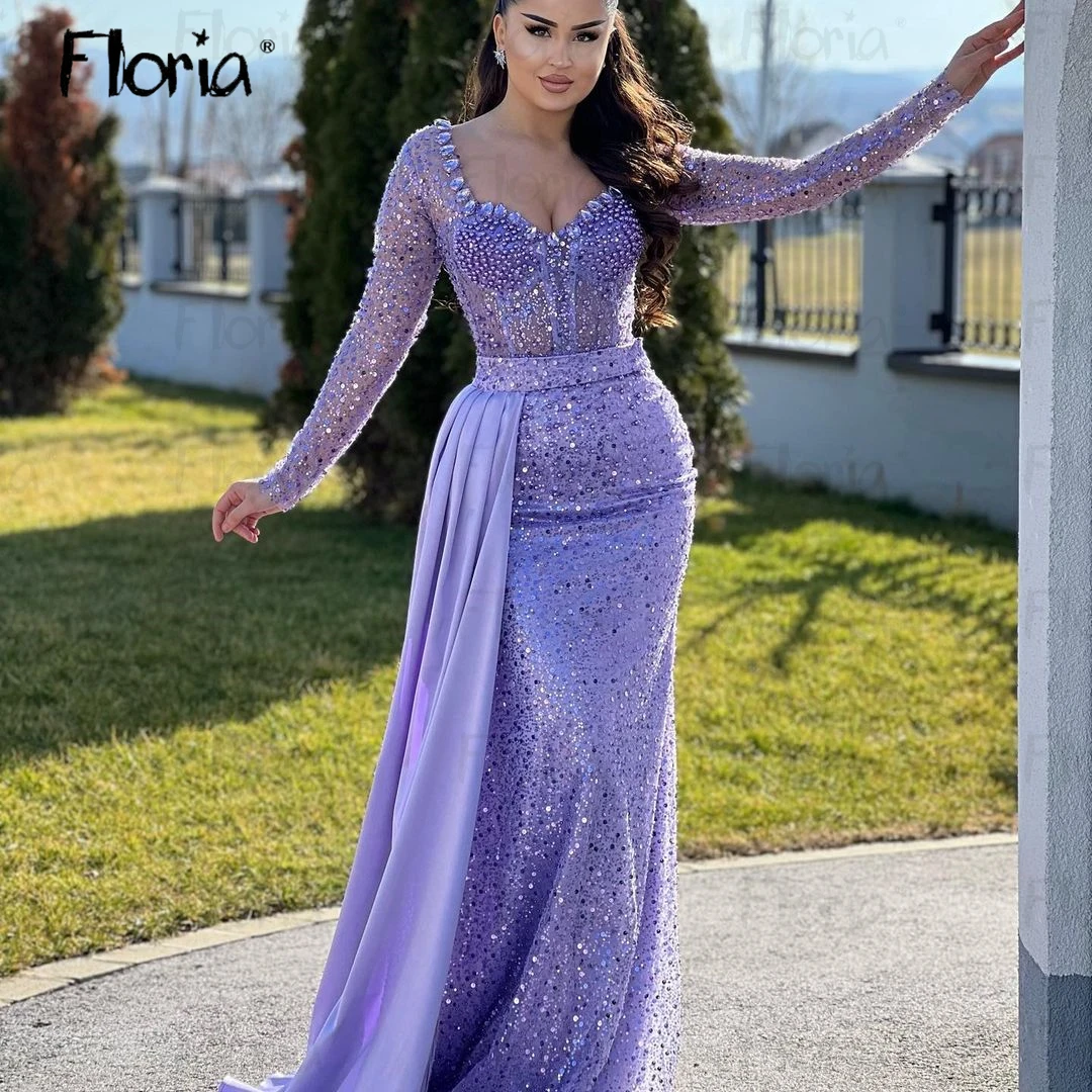 

2024 Luxury Sequins Pearls Dubai Purple Prom Dresses Long Sleeve Beaded Lace Formal Occasion Dresses For Women Arabic Plus Size