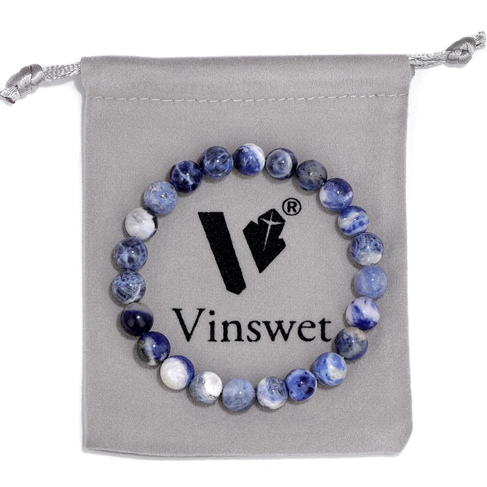 

Natural Sodalite Stone Bead Bracelet With Velvet Bag 8MM Round Stone Bracelet Yoga Stretch Bangle Jewelry Gifts For Women Men