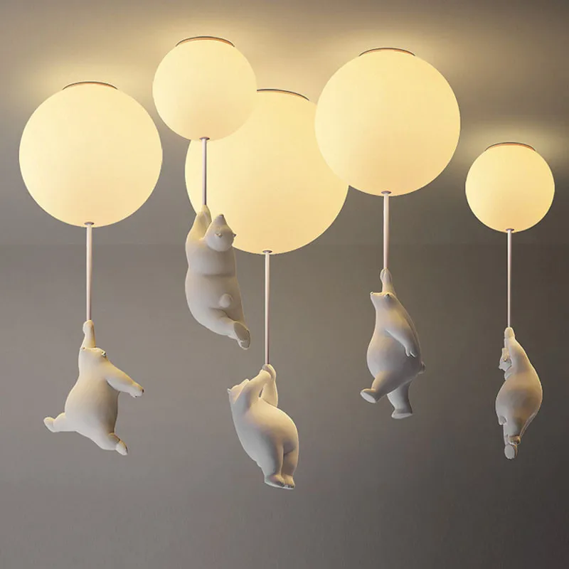 Modern Polar Bear Pendant Chandelier Creative Mike White Glass Ball Resin Indoor  Kid Children Kindergarten Hanging Led Lamp images - 6