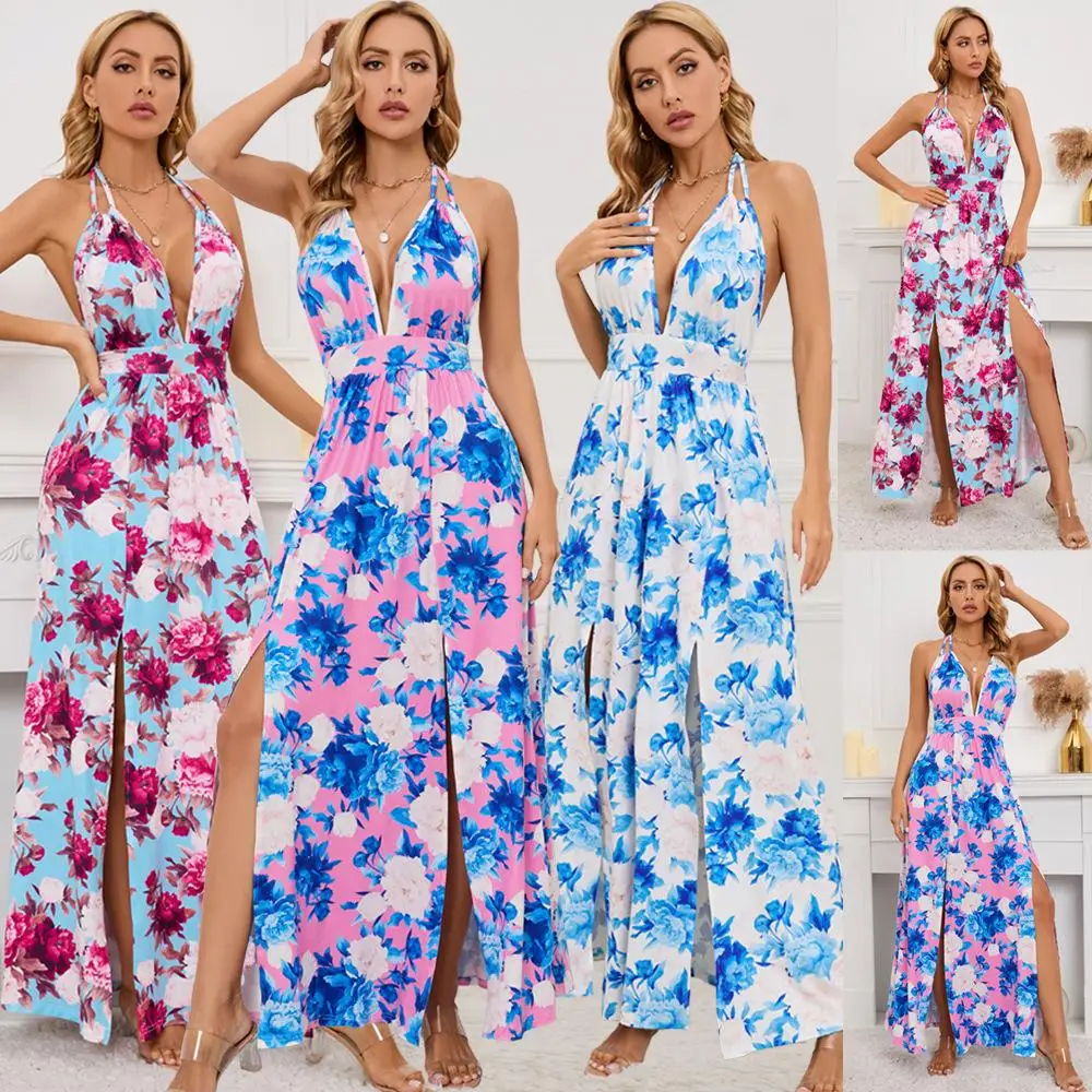 

Woman Sexy Deep V-Neck Strappy Dress Plus Size Printed Long Dress with Slit Hem for Woman 2024 Summer Beach Style Lady Clothing