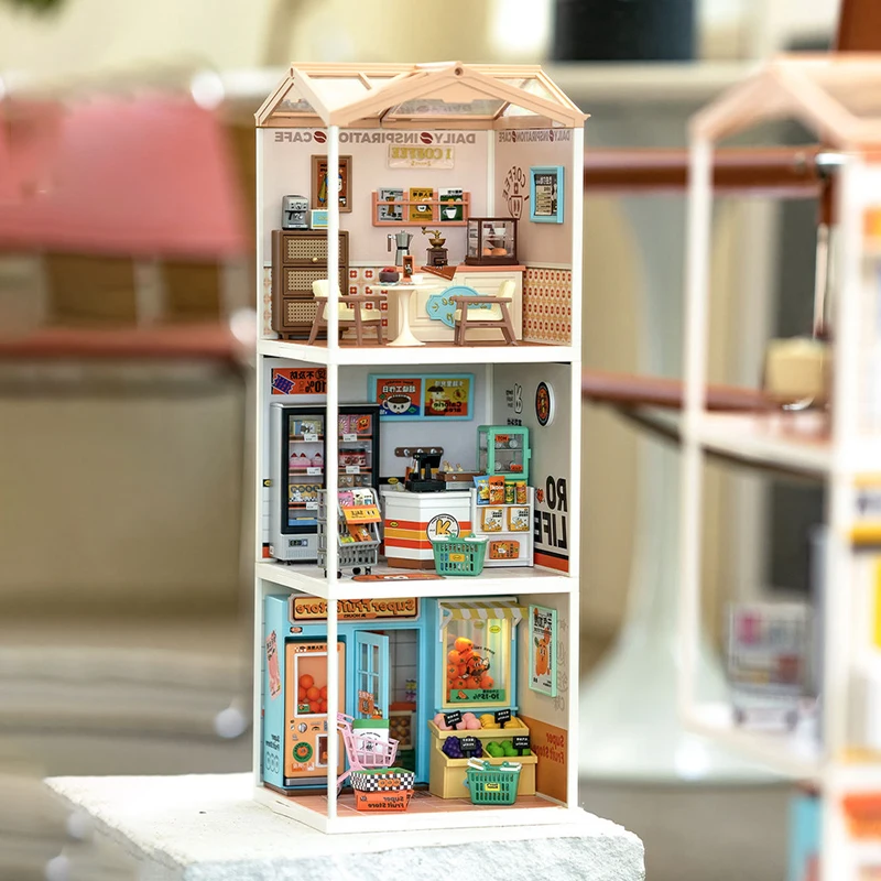 3D Puzzle Miniature House Coffee Shop Bookstore Convenience Store Assembly Toys with Lights Collection Decoration Christmas Gift 2