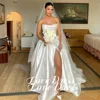 Customized Simple Stain Strapless Pleats A-Line High Side Slit Wedding Dress Pastoral Sleeveless Boat Neck Backless Lace Up 2025 1