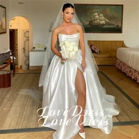 Customized Simple Stain Strapless Pleats A-Line High Side Slit Wedding Dress Pastoral Sleeveless Boat Neck Backless Lace Up 2025 1