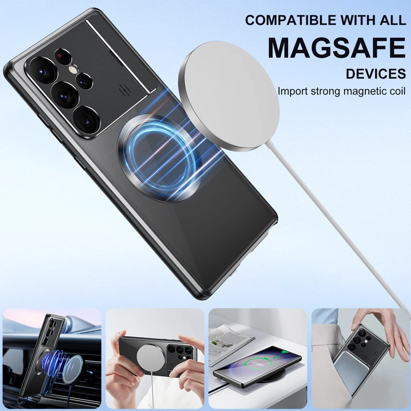Metal Alloy Wireless Charging Magnetic MagSafe Case For Samsung Galaxy S24 S23 S22 S21 UItra Hidden Car Holder Protection Cover