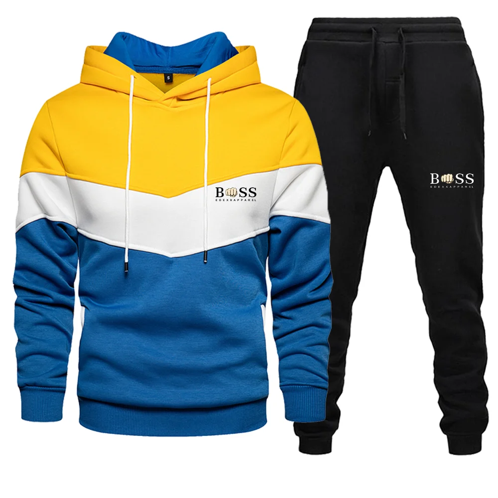 

Осенне-зимний мужской комплект спортивной одежды с капюшоном + спортивные брюки для бега из искусственного волокна теплый пуловер