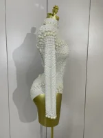 Luxury White Full Pearl Long Sleeved Stretch Bodysuit Women Birthday Evening Party Celebrate DJ Performance Nightclub Stage Wear - Image 4
