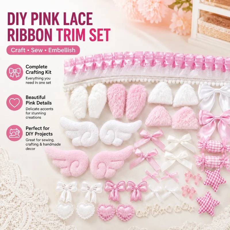 Pink Lace Ribbon DIY Craft Kit - Colorful Handmade Accessory Set for Creative Projects and Decor