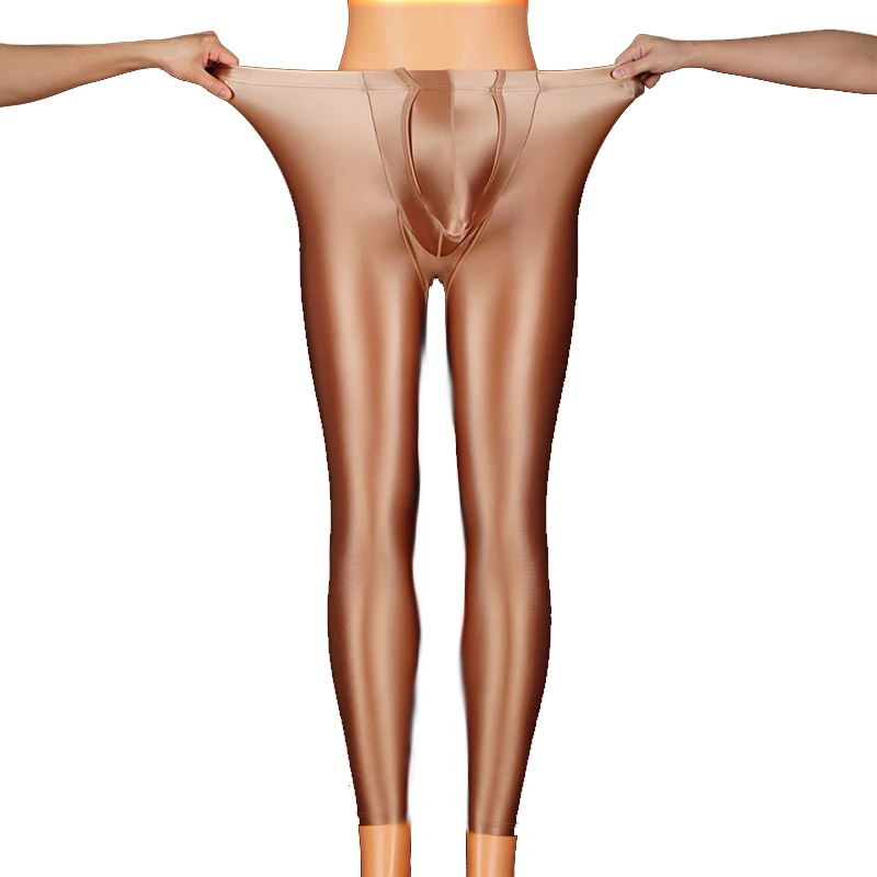 Men's Elastic Leggings Sexy Long Penis Pouch Underpants Male Underwear Elephant Bulge Shiny Glossy Pants