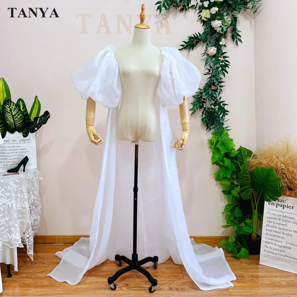 

White Long Cape Short Puff Sleeves Beaded Organza Clock New Wedding Long Jackets Customized DJ146