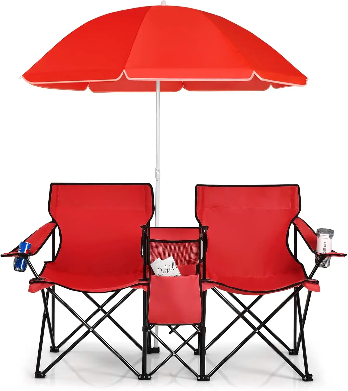 Siège pêche 2 places avec parasol glacière et porte-gobelet pliant pour camping plage