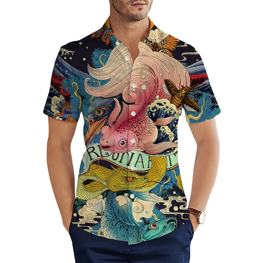 

HX Ukiyo-e Shirts Japan Art Paintings Animals Goldfish Python Printed Casual Shirt for Men Summer Short Sleeve Tops Camisas