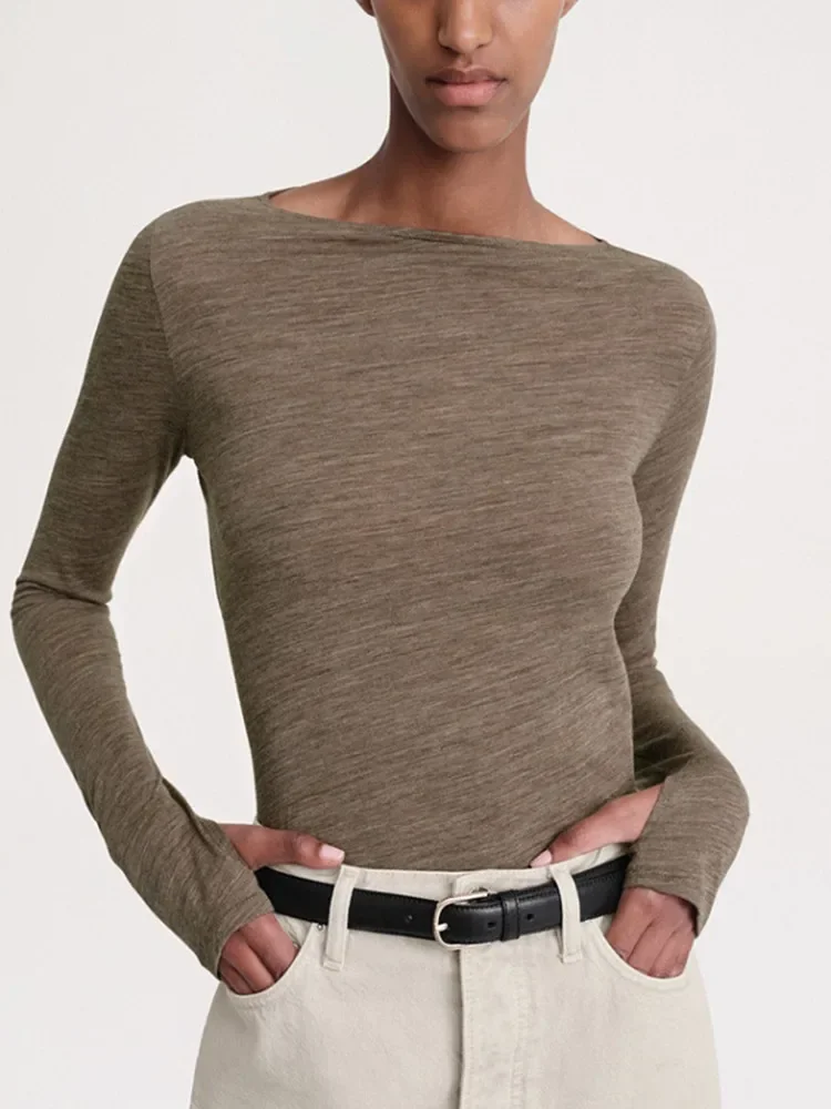 

Women's T-shirt 2023 New Cotton Slash Neck Slim Casual Solid Color Long Sleeve Bottoming Tee