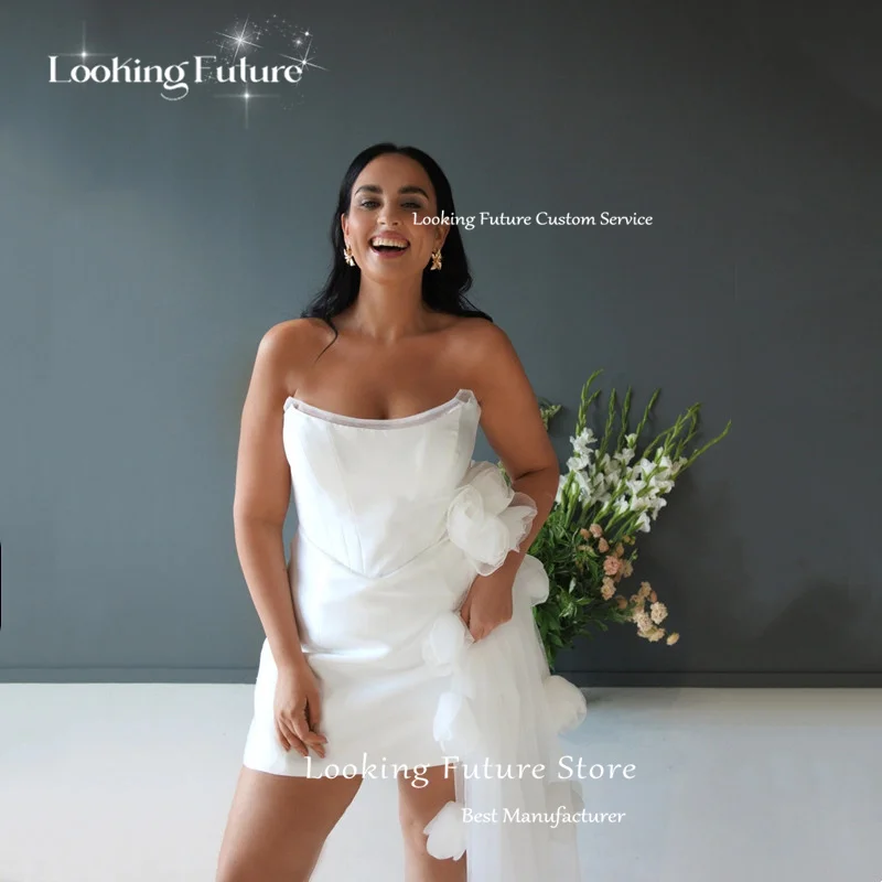 Simple Short Mermaid Wedding Dress Sexy Strapless Sleeveless Backless Dresses Pleat Tulle Flowers Illusion Mini Gowns Customized 15 S1f9b2fc271df4a88a3bd258c4d21d754G