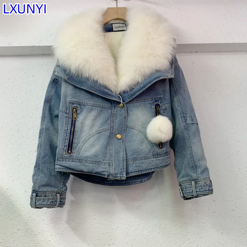 LXUNYI Winter New Women's Denim Coat Disassemble Ladies Parka Jacket Short Thick Long Sleeve Warm Faux Fur Coats Oversize Female