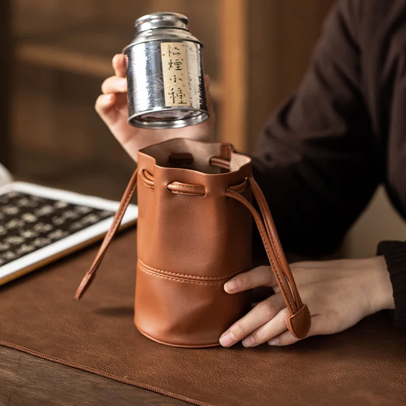 Leather Tea Set Travel Bag - Portable Storage Pouch for Gaiwan & Tea Cups, Minimalist Business Tea Accessories Organizer