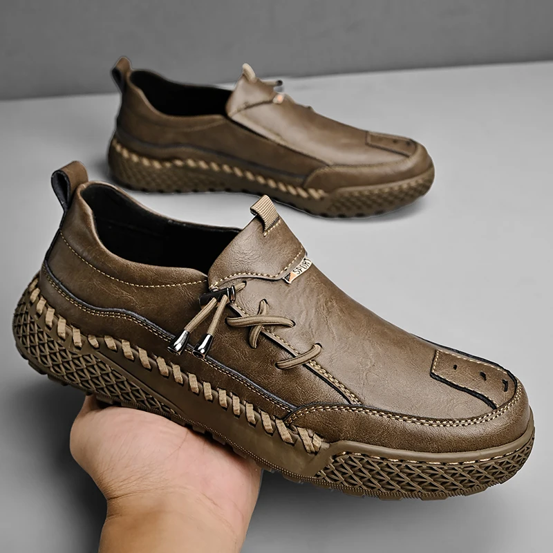 Fashion Leather Men Casual Shoes Hand-stitching Soft Mens Loafers Comfy Moccasins Breathable Slip on Driving Shoes Treking Flats