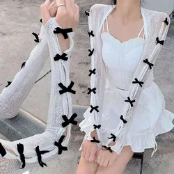 Lace Flocked Sunscreen Sleeve Velvet Bow Tie Fingerless Gloves Shawl Lolita Sweet Oversleeve Wraps One-piece Lace Bow Sleeves