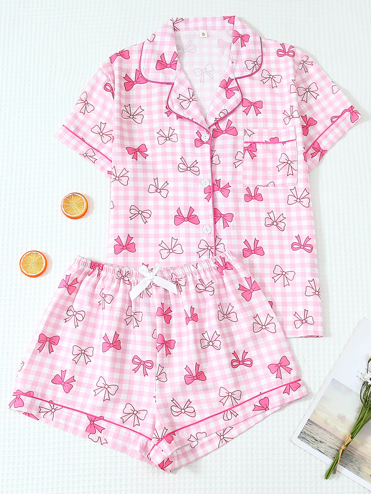 Two-Piece Comfortable Pink and White Plaid Polka Dot Bow Print Lapel Button Short-Sleeve Top with Pockets and Bow Shorts Spring/Summer Women's Pajama Loungewear Set Suitable for Home Use