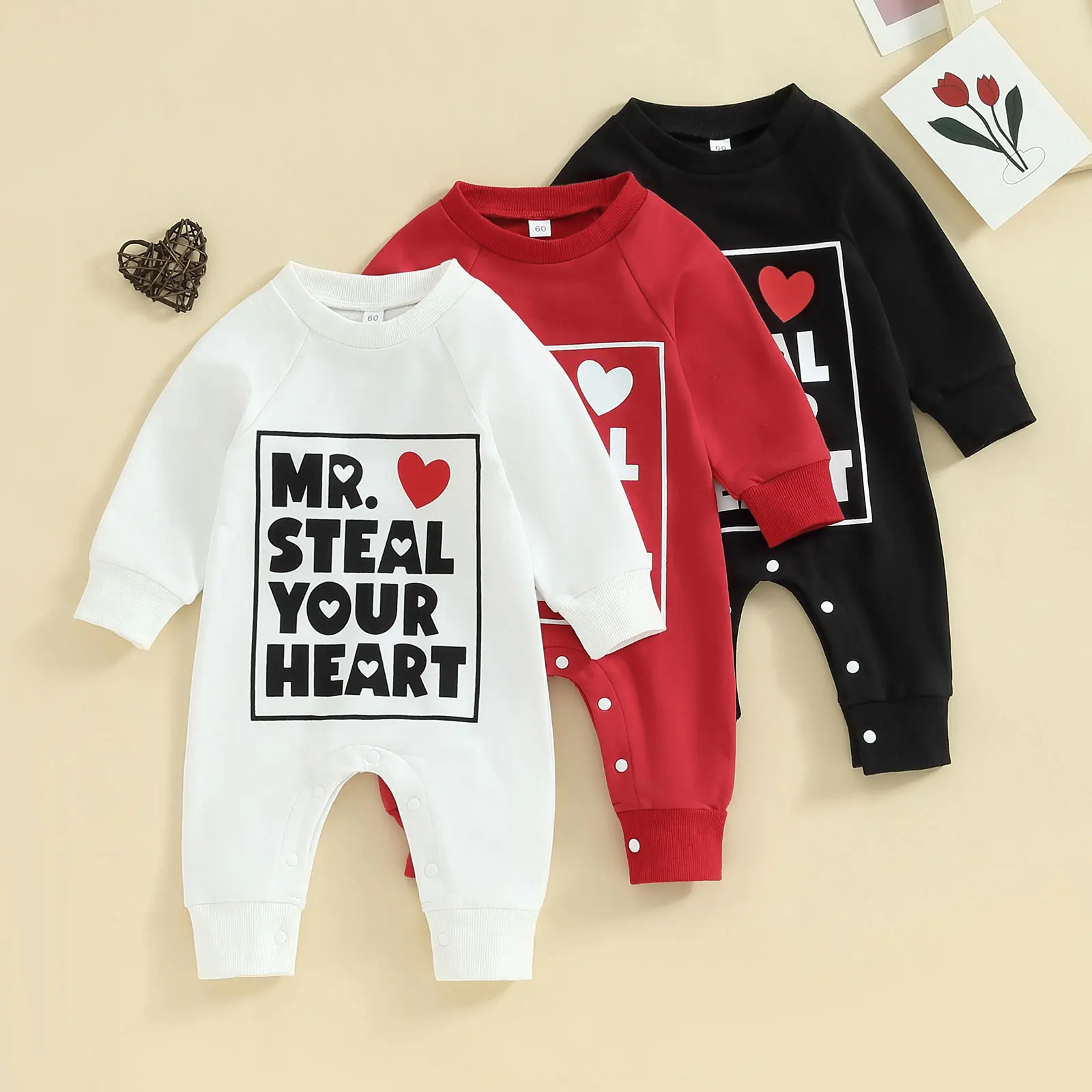 

Baby Girls Boys Sweatshirts Rompers Valentine's Day Clothes Heart Letter Print Crew Neck Long Sleeve Jumpsuits Playsuits