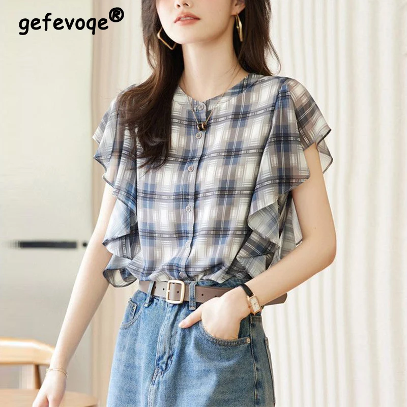 Summer Casual Fashion Ruffles Short Sleeve Plaid Printing Shirt Ladies Loose All-match Cardigan Top Women Elegant Vintage Blouse pffice elegance v neck ruffles floral all match top women summer new short sleeve loose young temperament printing chiffon shirt