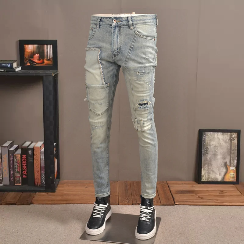Fashion Streetwear Men Jeans Retro Yellow Blue Stretch Slim Ripped Jeans Men Hole Trousers Patch Designer Hip Hop Pants Hombre