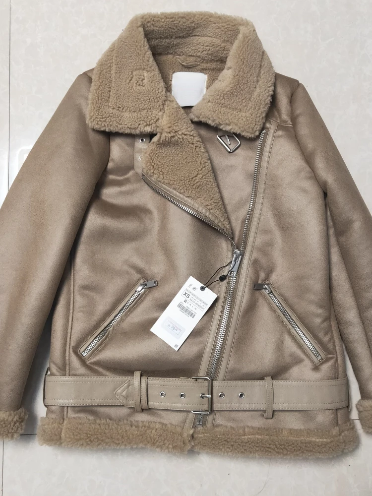 

Fitaylor New Autumn Winter Women Vintage Fashion Faux Leather Lamb Fur Jacket Lady Streetwear Lapel Thick Warm Moto Biker Coat