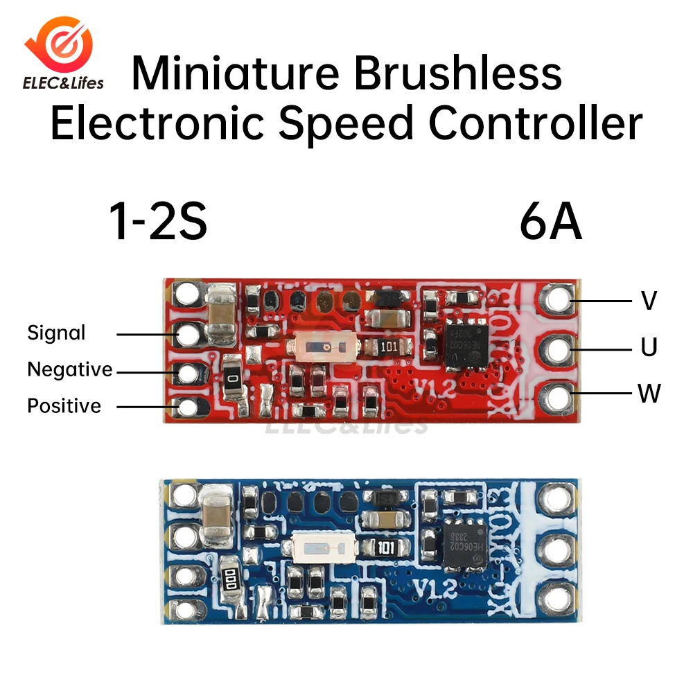 ESC sans balais 6A 1-2S pour micro drones et avions RC, connecté à un moteur 1104, câbles colorés.