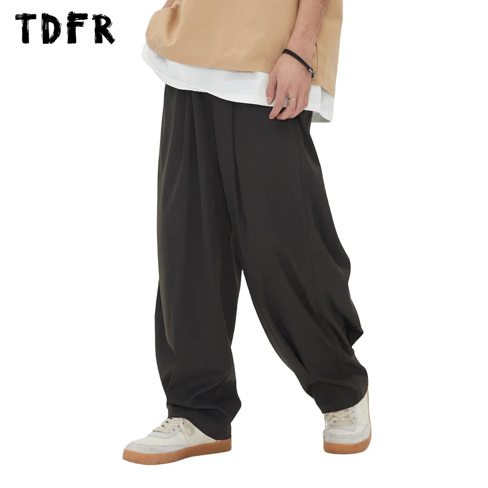 

Solid Color Pleated Cargo Pants Mens Loose Casual Baggy Drawstring Elastic Waist Wide Leg Trousers Men