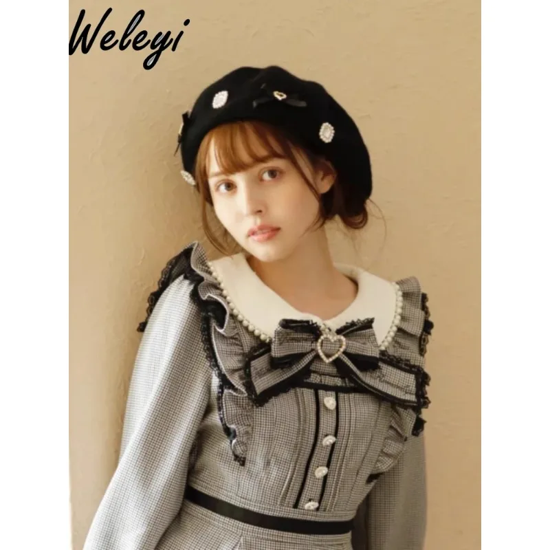 

Sweet Japanese Jirai Kei Berets Princess 2024 Autumn and Winter New Cute Caps Women's Versatile Bow Fleece Vintage Painter Hat