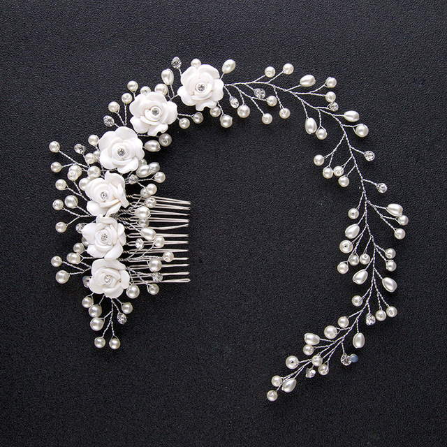 Wedding Crystal Bride Hair Accessories Pearl Flower Headband Handmade Hairband Beads Decoration Hair Comb For Women
