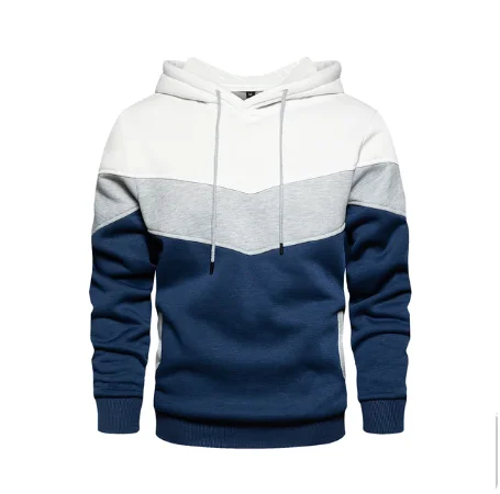 Blanco Gris Azul - Sudadera Deportiva Tricolor con Capucha y Bolsillos