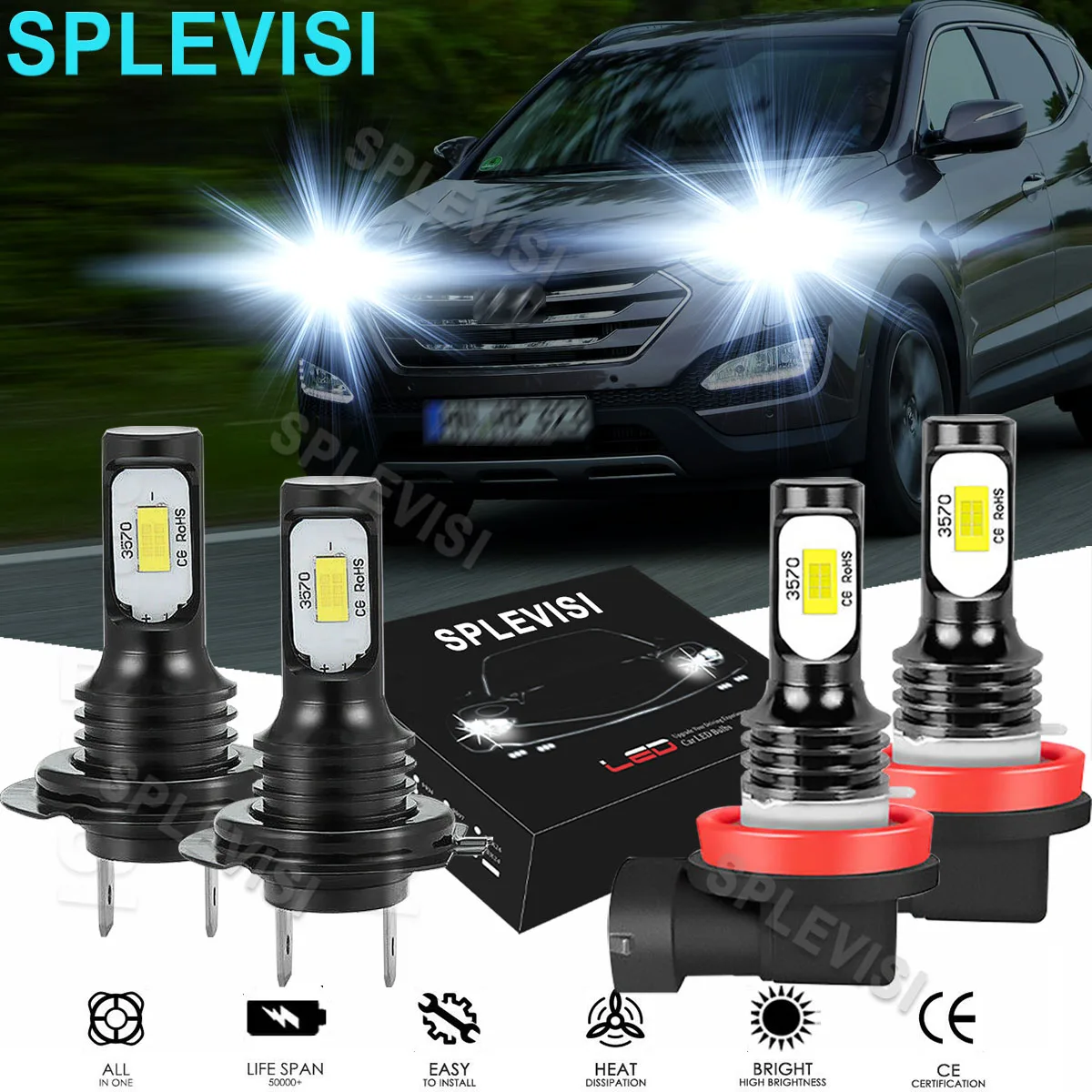 

4x LED White Headlight Hi Low Beam Bulbs 6000K For Hyundai Santa Fe 2013-2016 Hyundai Genesis 2009-2014 Hyundai Elantra2013-2018
