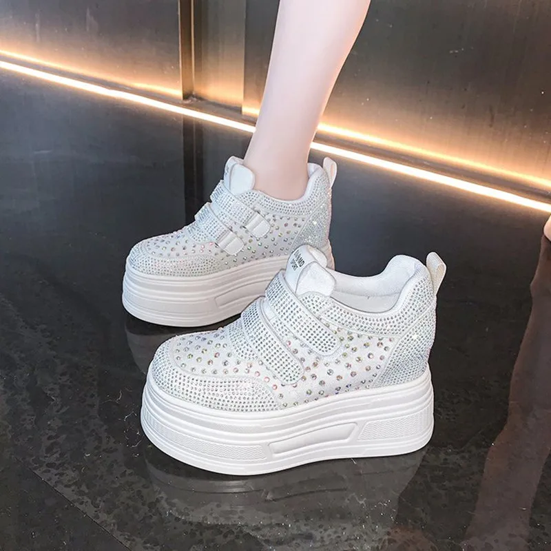 10cm 에어 메쉬 합성 가죽 Chunky Sneaker 여성 편안한 2025 가을 블링 라인 석 플랫폼 웨지 Fsahion 발목 부츠 신발