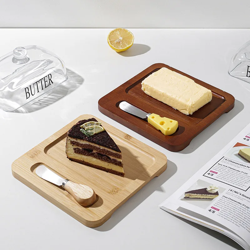 Wood Butter Dish With Glass Lid And Knife