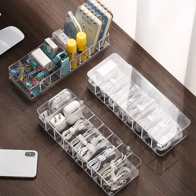 Transparent Plastic Cable Storage Box Data Line Storages Container for Desk Stationery Makeup Organizer, Key and Jewelry Boxes