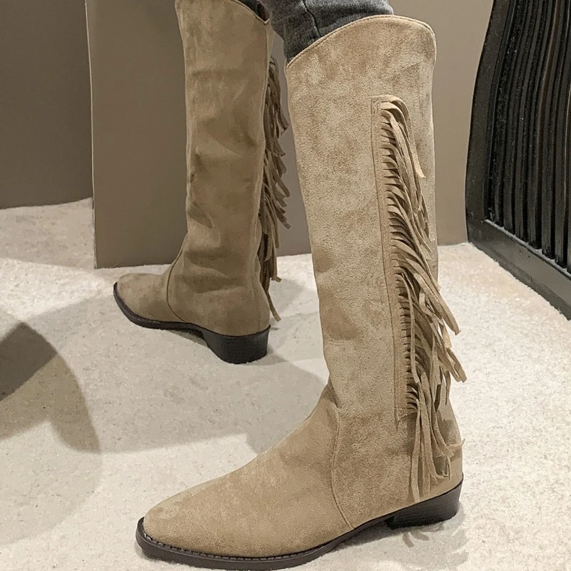 2023 Shoes Female Knee-High Women's Boots Fashion Fringe Modern Boots Women Sexy Pointed Toe Square Heel Shoes Female Zapatos