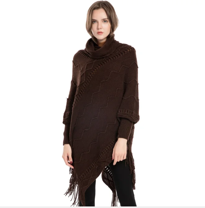 

Pull Femme Autumn Winter New Women's Acrylic Tassel Sweater High Neck Warm Sleeve Pullover Cloak Tassels Shawl Outside Coffee