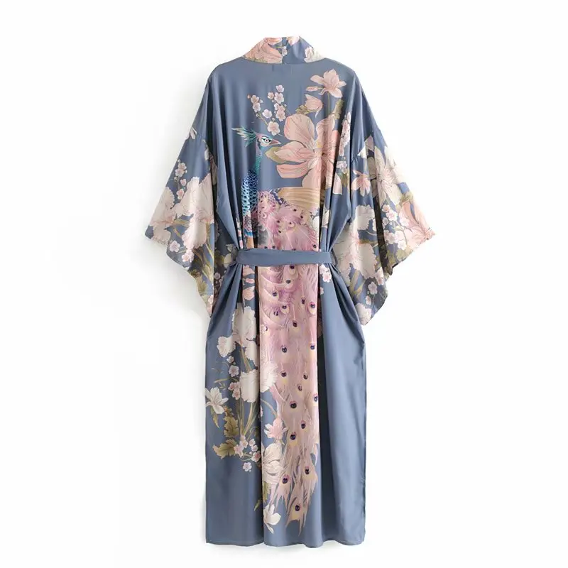 Happie Queens 빈티지 공작 꽃 프린트 여성 보헤미안 V 넥 배트 윙 슬리브 숙녀 boho Maxi 기모노 가운 비키니 커버 업