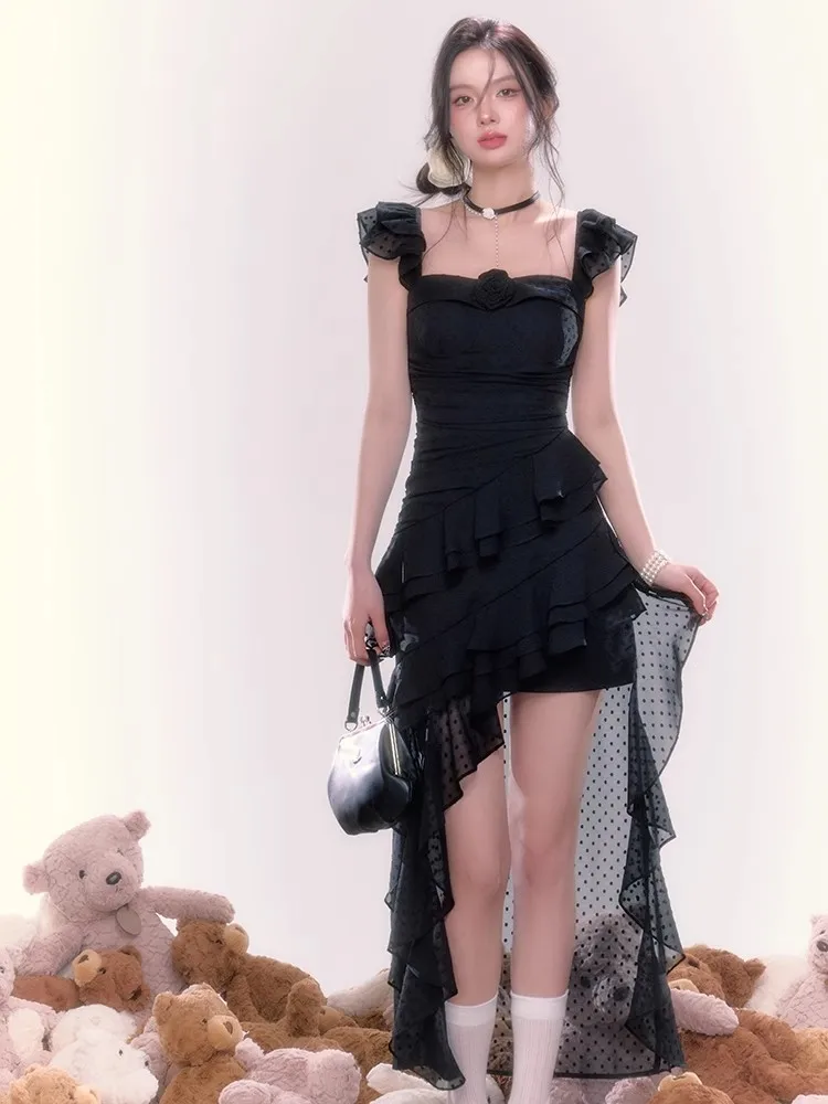 Y2K Irregular Ruffles Midi Dresses for Women Sleeveless Birthday Party Dress Prom Robe Korean Chic Summer New One Piece Vestido