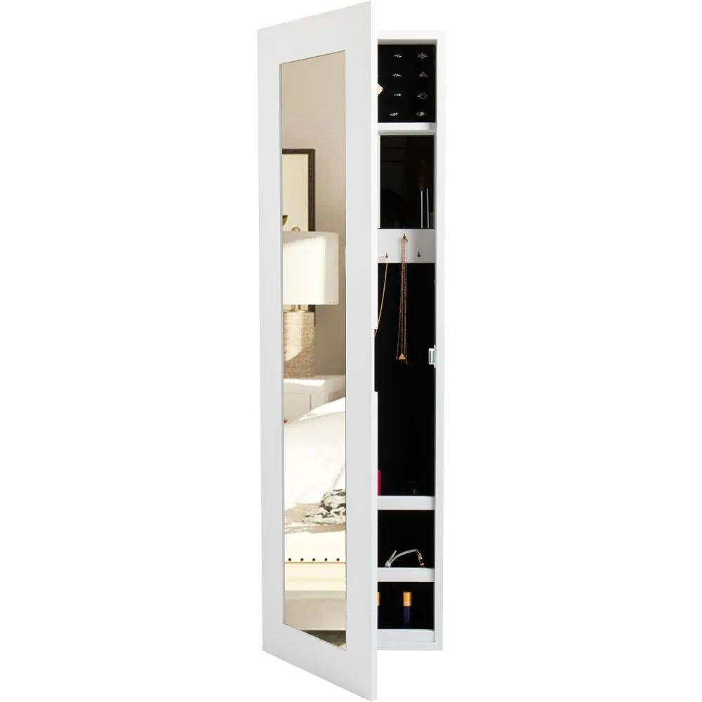 Mind Reader Jewelry Organizer, Full Length Mirror, Jewelry Armoire, Storage, Wall Mount, Wood, 12.5 L x 3.5 W x 43.5 H, White