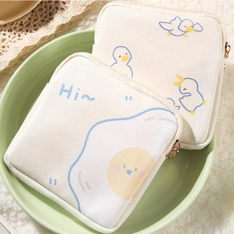Kawaii Cartoon Duck Printed Women Tampon Sanitary Napkin Storage Bag Mini Cosmetics Coin Purse Bag Gift