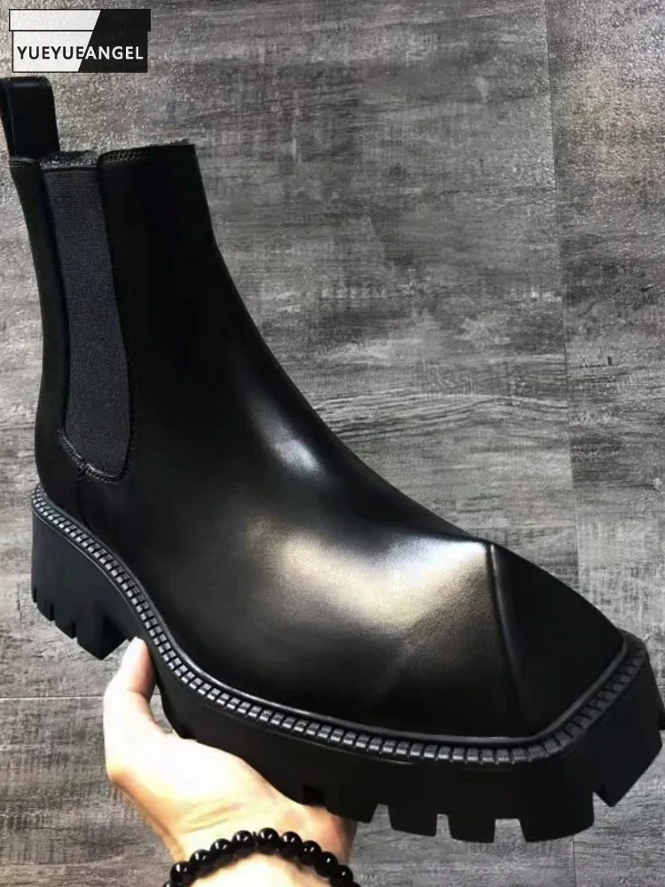 

Runway Men Thick Platform Square Toe Chelsea Boots High Top Genuine Leather Ankle Boots Block Heels Business Party Fashion Shoes