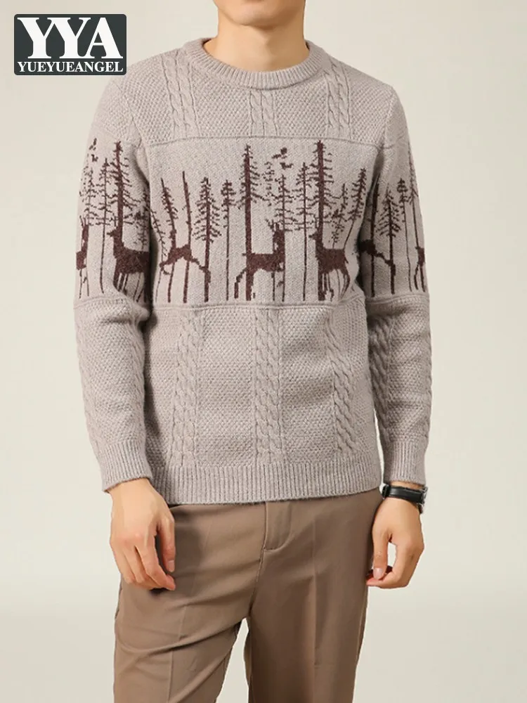 

Vintage Men Autumn Winter Thick Sweater Tops Printed O Neck Knitted Jumpers Casual Streetwear Pullover Sweaters Man New Knitwear