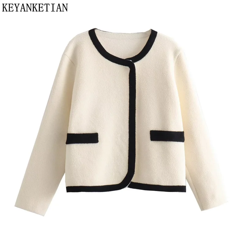 

KEYANKETIAN Autumn/Winter New Women's Contrast Piping Knitwear French Style Fly Buttons O-Neck Crop Sweater Outerwear TOPS