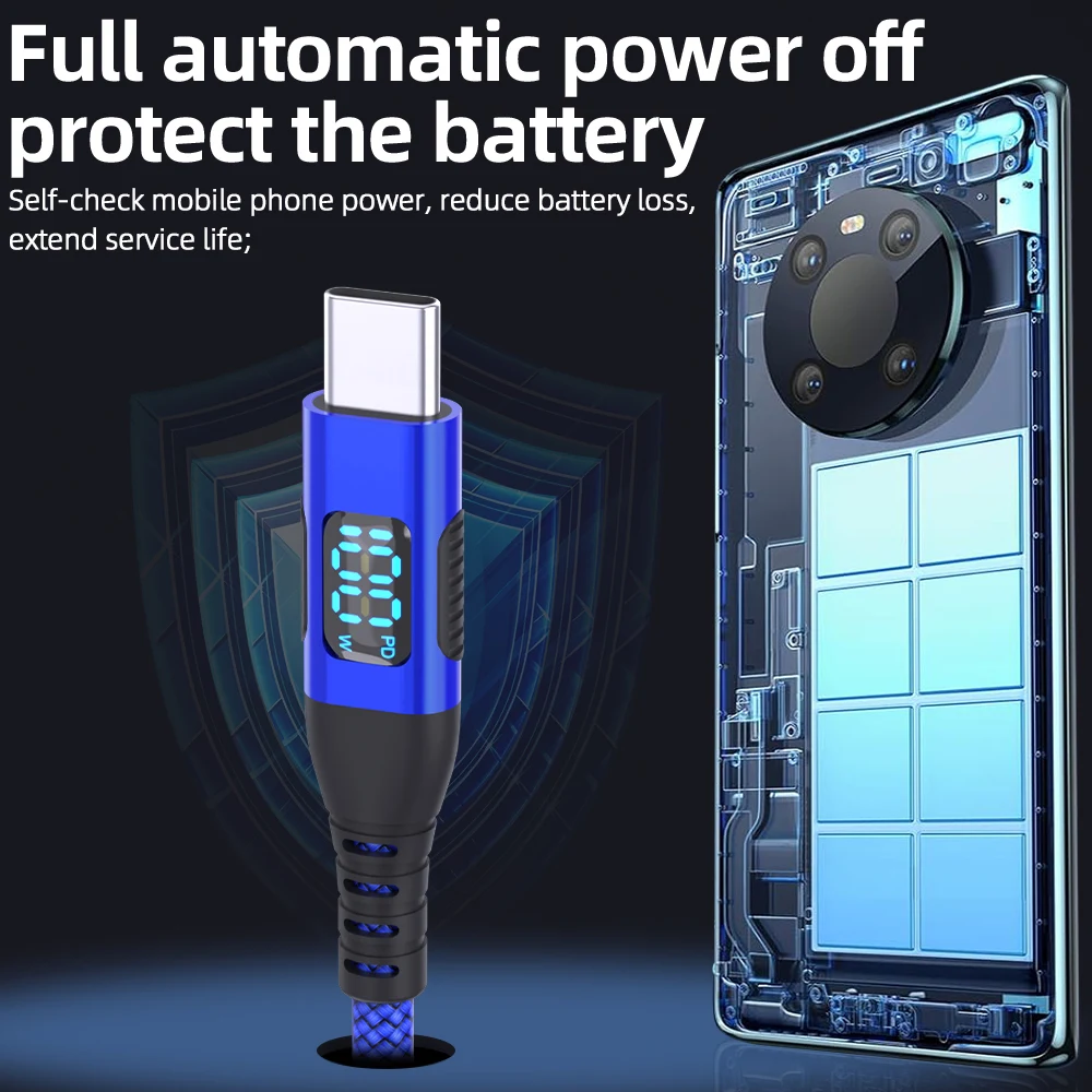 Power Display 100W Type C to Type C Fast Charging Data Cable Nylon Braided High Grade 480Mbps Compatible for iPhone15 16 Samsung