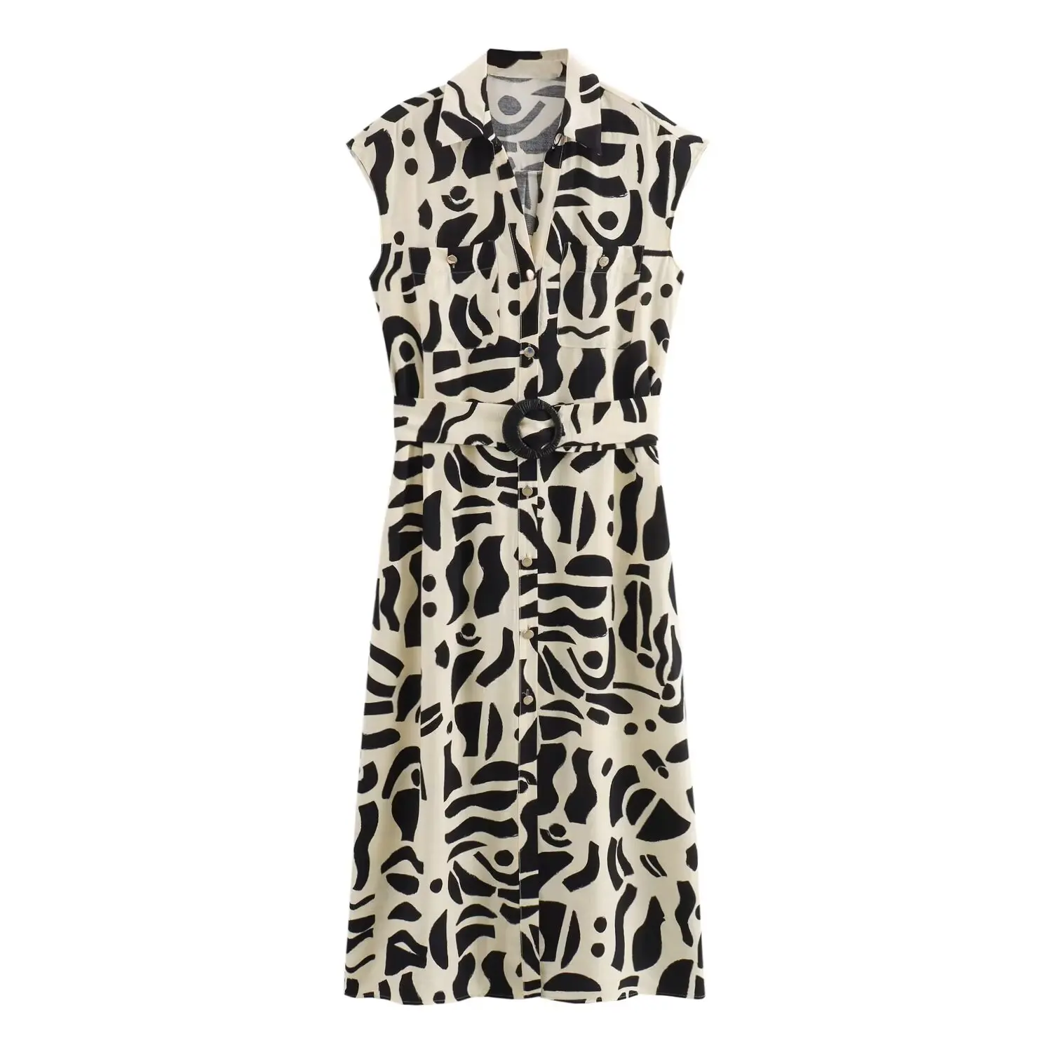 

Женское платье миди с поясом, винтажное платье без рукавов с отложным воротником и принтом, 2024