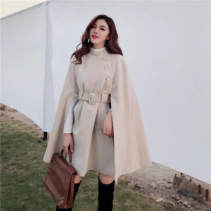2023 Autumn High Quality Woolen Cloth Shawl Cape Poncho With Belt Women Mid-length Korean Sleeveless Casual Ladies Cape Coats
